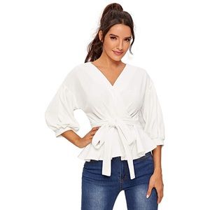 Women's Lantern 3/4 Sleeve Waist Wrap Peplum Top